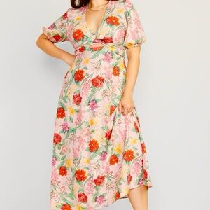 Floral Linen Blend Maxi Wrap Dress Puff Sleeve Cottagecore Garden Girl Romantic